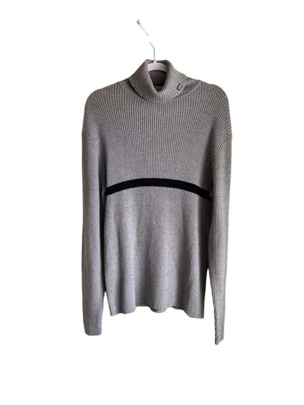 Y2K Ralph Lauren Gray Ribbed Turtleneck Sweater with Black Stripe